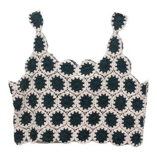 韩国东大门镂空吊带背心夏纯欲甜美辣妹风质感勾花墨绿色短款上衣