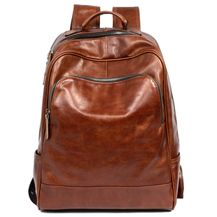 慢时光潮流真皮背包男女款休闲头层牛皮双肩包通勤电脑包旅行