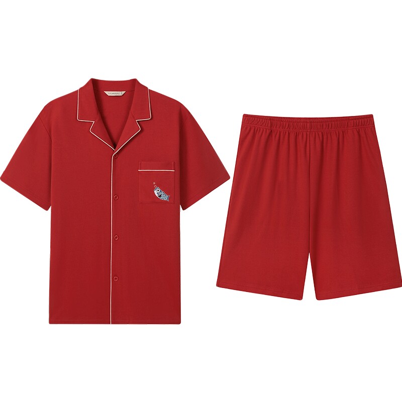 秋鹿结婚新婚睡衣家居服女本命年纯棉短袖短裤红色开衫情侣套装
