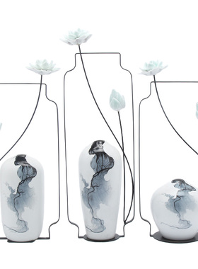 新中式风禅意铁艺电视柜莲花装饰