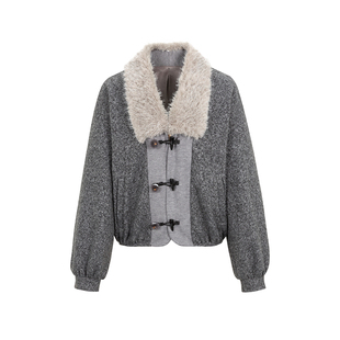 Funnel in可拆卸毛领内里加绒牛角扣毛呢外套女秋冬新品短款大衣