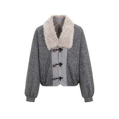 Funnel in可拆卸毛领内里加绒牛角扣毛呢外套女秋冬新品短款大衣