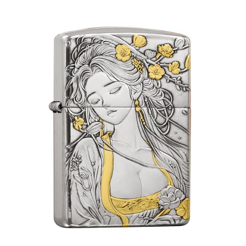 Zippo镀银桃花女郎盔甲打火机