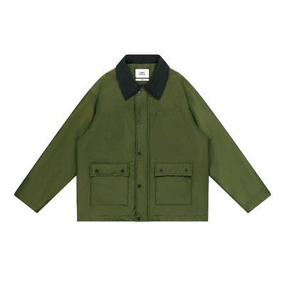 特惠7折 EMPTY REFERENCE 黑色翻领撞色绿色棉衣宽松保暖棉服