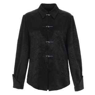 【明星同款】花木深绿色醋酸衬衫女马蹄袖中式上衣肌理感翻领衬衣