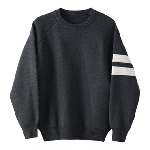 LUUD 重磅810g极简风潮奢圆领针织衫男秋冬季保暖两道杠套头毛衣