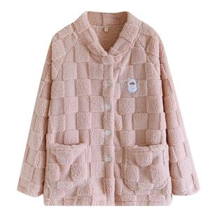 睡衣上衣女加厚法兰绒保暖珊瑚绒加绒简约纯色冬天开衫单件家居服