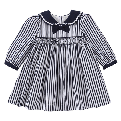 three sailors女宝海军风条纹连衣裙A类纯棉里布可爱手工打揽裙秋