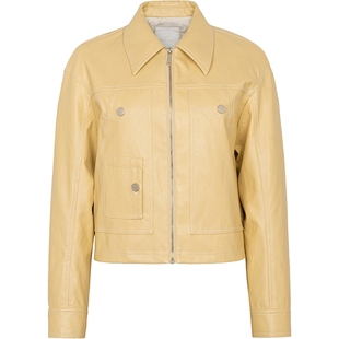 XG雪歌通勤简约浅黄色短外套时尚春季新款翻领设计长袖皮质外套女