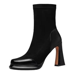 2025秋冬季法式粗跟短靴女拼接防水台超火弹力瘦瘦靴高跟短筒单靴