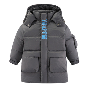 雪中飞儿童羽绒服男童新款字母印花中大童中长款加厚保暖外套冬装