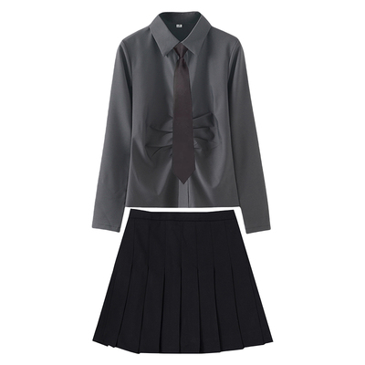 纯欲风JK制服弹力褶皱收腰衬衫女春季大码修身显瘦别致上衣一整套