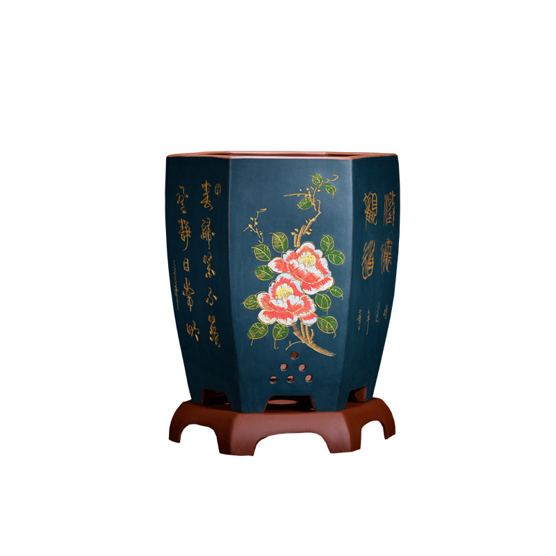 宜兴六方兰花专用君子紫砂花盆