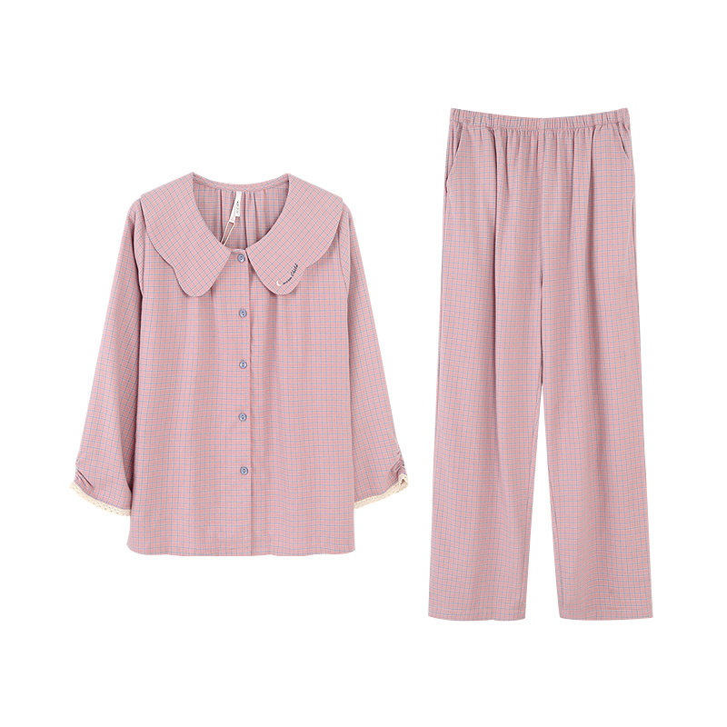 安之伴睡衣女春秋长袖梭织磨毛全棉宽松格子甜美娃娃领家居服套装
