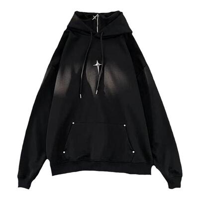 半高领重磅连帽卫衣男春秋冬美式潮牌情侣外套假两件拉链加绒帽衫