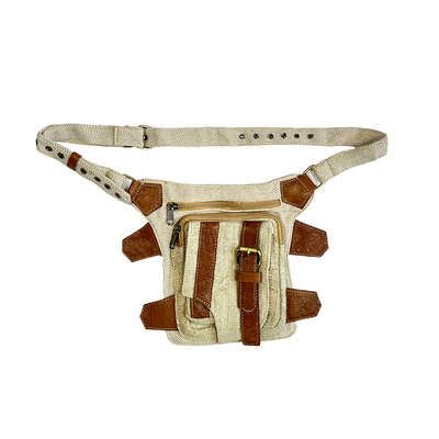 多功能棉麻牛皮拼接斜挎包腰包