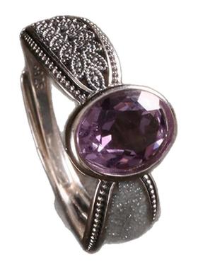 925银紫水晶蛋面麦穗镂空戒指女民族风百搭可调节指环礼盒礼物