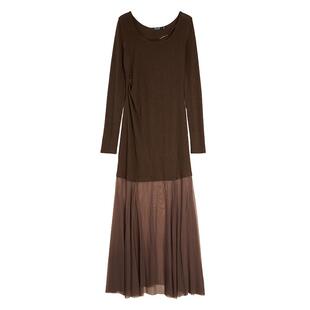 【自营】ELLE法式复古网纱拼接连衣裙女2026春新款绵羊毛优雅长裙