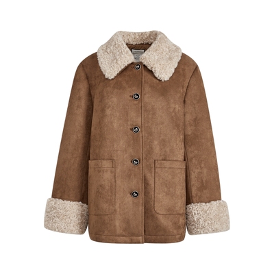 阔色卡其色仿麂皮毛毛外套皮草