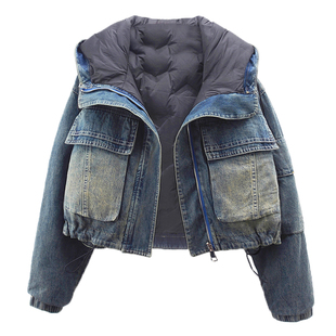 2025秋冬新款流行羽绒内胆轻薄加绒牛仔外套女短款两面穿上衣夹克