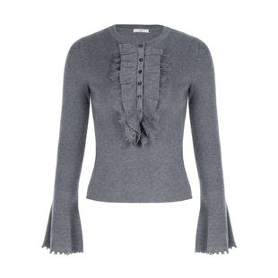 LYNEE【意中人】法式复古荷叶边针织衫女灰色慵懒风羊毛针织上衣