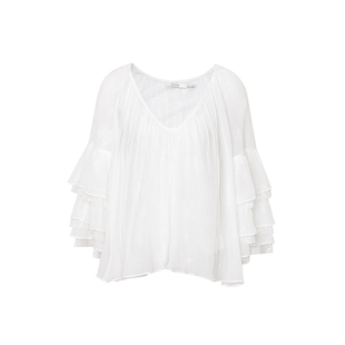 TOP家 轻盈飘逸 法式浪漫复古 v领蕾丝拼接仙气感微透蛋糕袖上衣