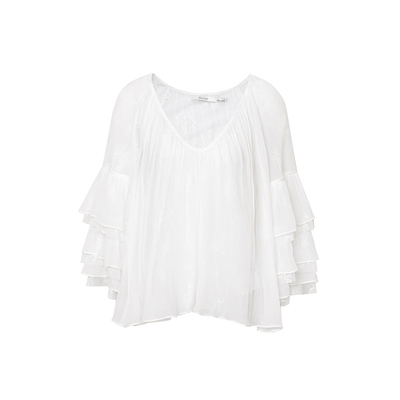 TOP家 轻盈飘逸 法式浪漫复古 v领蕾丝拼接仙气感微透蛋糕袖上衣