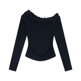 pusumede 月下山茶 斜肩立体花边长袖T恤女褶皱收腰露肩针织上衣