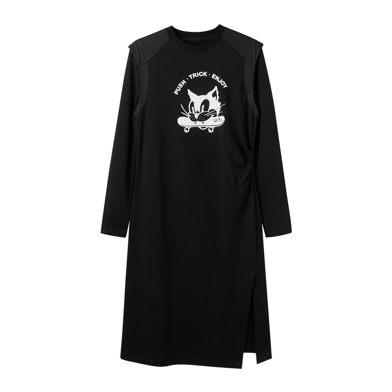 U/TI黑色设计感印花宽肩连衣裙女棉感酷感开衩裙尤缇时尚秋季新款