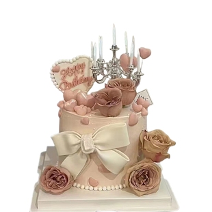 网红复古烛台蛋糕装饰品摆件爱心珍珠生日快乐插牌仿真玫瑰花插件