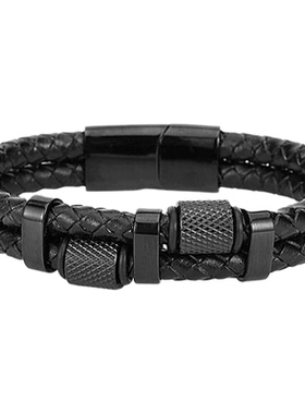 欧美潮牌黑色双层编织皮滚轮钛钢磁吸扣手链嘻哈潮男手环原创设计