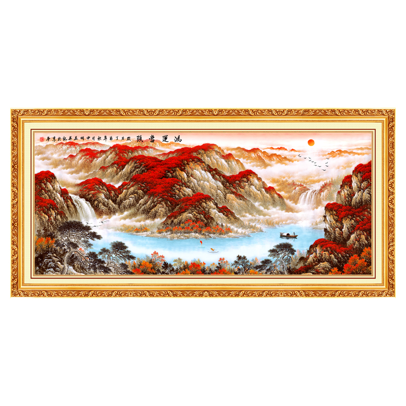 鴻運當頭國畫山水畫風水畫招財新中式辦公室客廳背景墻裝飾畫自粘