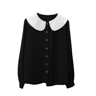 秋装娃娃领雪纺黑衬衫女长袖大码宽松娃娃领小香风设计感小众百搭