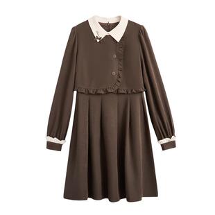 紫涵假两件连衣裙女2025年冬季新款复古撞色翻领木耳边长袖a字裙