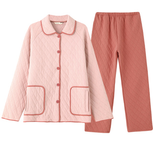 康妮雅轻薄三层夹棉睡衣女空气棉纯棉保暖冬季厚款棉袄家居服套装