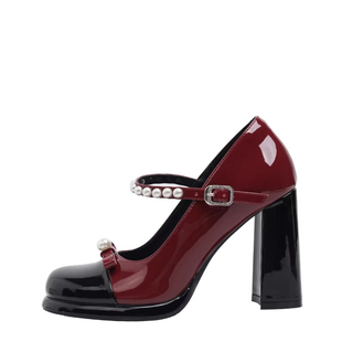 复古拼色法式粗跟玛丽珍女鞋蝴蝶结珍珠一字带方头浅口高跟单鞋女