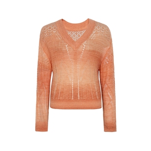 XG雪歌镂空设计长袖针织衫2025秋季新款桔黄色羊毛混纺套头毛衫女