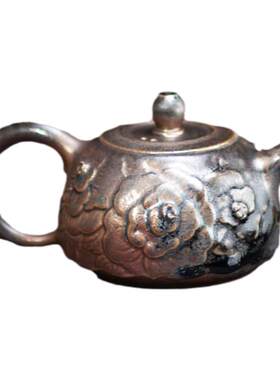柴烧吴金维牡丹雕刻茶具纯手工