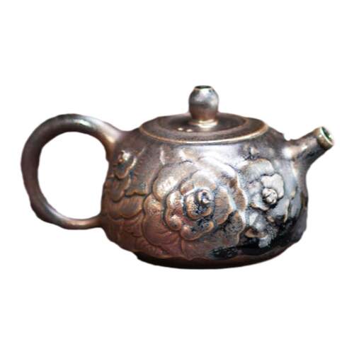 台湾柴烧 吴金维 柴烧牡丹雕刻壶杯茶具纯手工粗陶泡茶壶苗栗复古