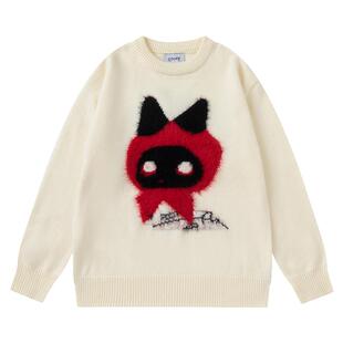 From Mars 戴小红帽 国潮趣味设计感套头针织衫情侣毛衣宽松百搭