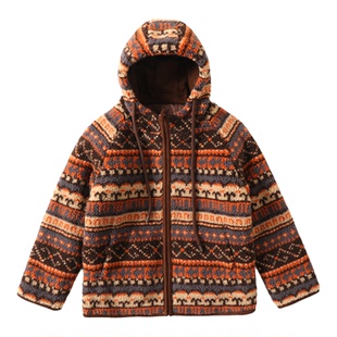 摇粒绒外套费尔岛提花仿羊羔毛连帽复古民族风夹克情侣痞帅棉衣潮