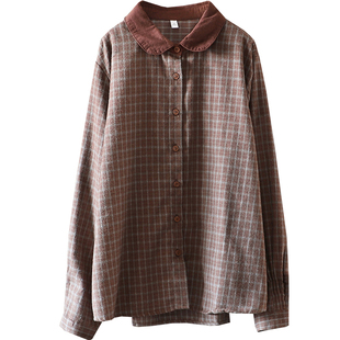 通勤百搭经典格子款长袖磨毛棉衬衫上衣女2026春宽松显瘦格纹衬衣