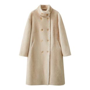 Amii2025冬新款温暖摩登高领双排扣仿貂毛长款环保皮草女毛绒外套