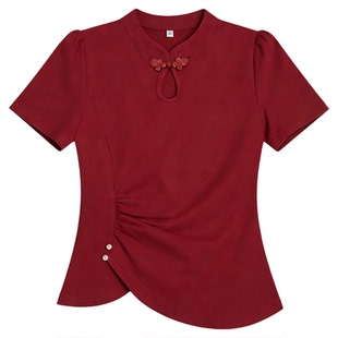 新中式国风盘扣正肩短袖t恤女夏大码胖mm显瘦遮肉不规则短款上衣