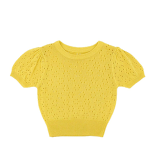 IFKIDS童装夏季新款女童儿童针织T恤裤子黄色镂空针织上衣短袖