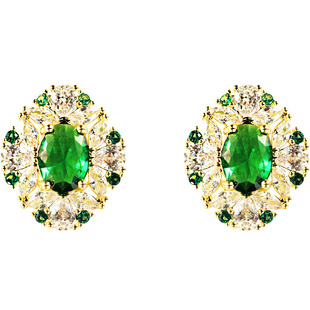 轻奢高级感祖母绿锆石璀璨闪耀925银针耳环法式复古镂空无痛耳夹