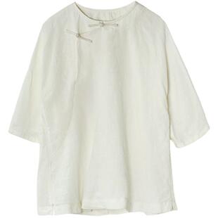 2026夏季新款圆领女装纯亚麻文艺复古斜襟民族风纯色禅服文艺上衣
