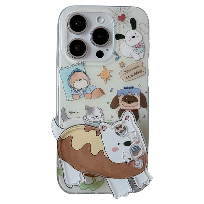 趣味可爱小狗猫咪适用苹果16Promax手机壳iPhone15Promax新款13高级感14保护套防摔硅胶带支架全包情侣男女软