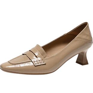 natursun尖头乐福鞋2025冬季新款牛皮法式气质高跟鞋猫跟单春季