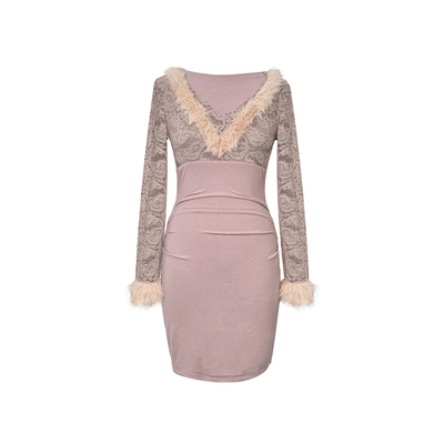 B-babes【雾粉情调】蕾丝拼接毛毛v领连衣裙女收腰裙子粉色长袖女